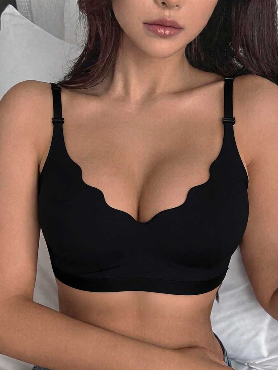 DAZY Solid Color Seamless Wavy Edge Spaghetti Strap Adjustable Slight Push-Up Padded Bra Women's Lingerie - Black - View 1