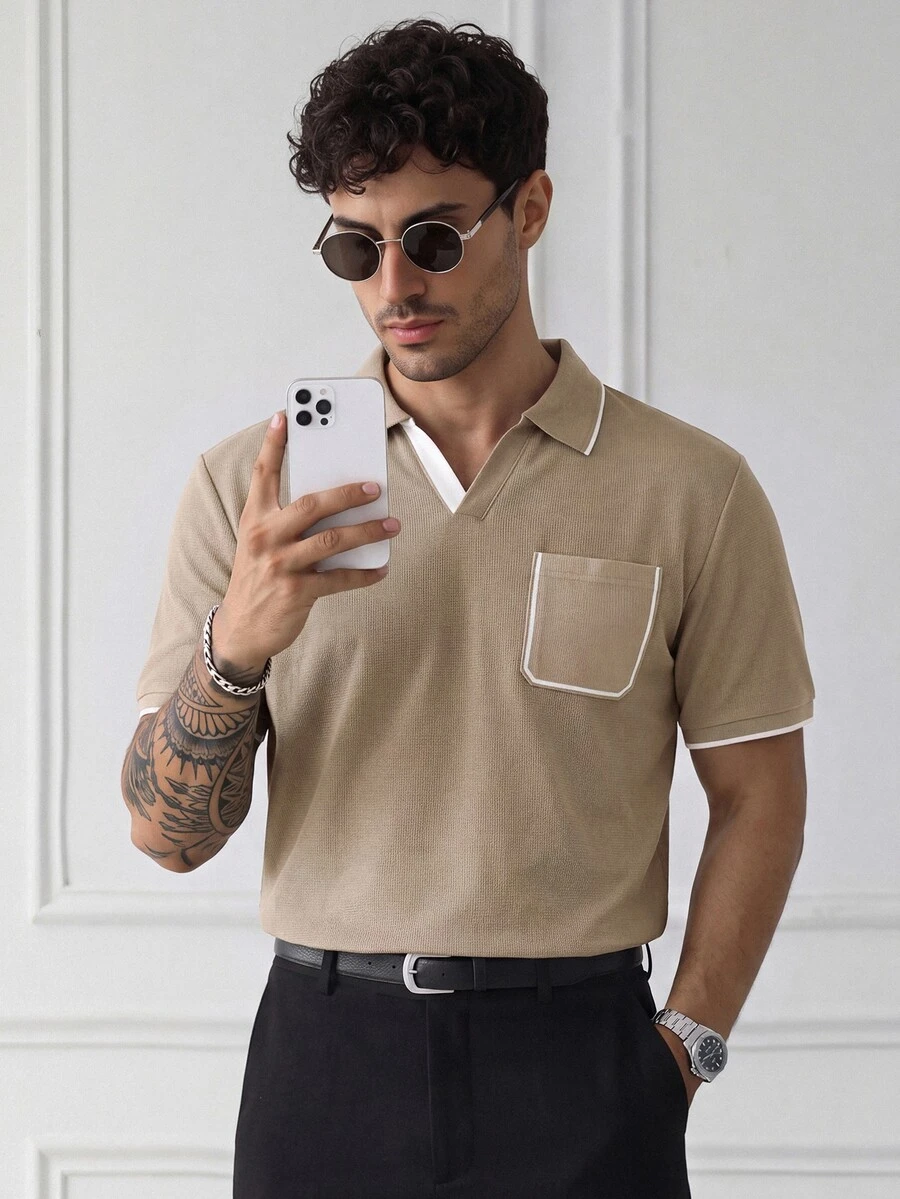 HUEFORM Men's Colorblock Casual Versatile Short Sleeve Polo Shirt - Khaki - View 1