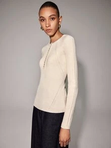 Anewsta Essential Women's Henley Neck Button Detail Long Sleeve Ribbed Knit Top Minimalist Slim Fit Solid Basic Sweater - White - View 3
