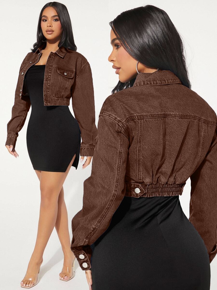 SHEIN SXY 女款時尚單排扣長袖短版牛仔夾克 - 摩卡棕 - 查看 1