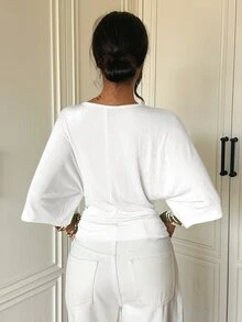 Aloruh 女款純色圓領蝙蝠袖休閒百搭T恤 - 白色 - 查看 2