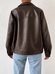 SHEIN EZwear Drop Shoulder Zip Up PU Cropped Leather Jacket In Fall/Winter - Coffee Brown - View 2