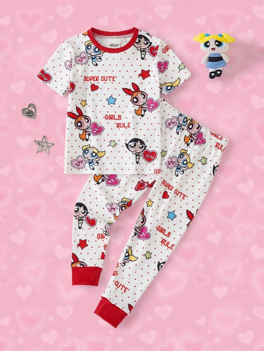 THE POWERPUFF GIRLS X SHEIN 女童字母卡通印花短袖上衣與長褲休閒居家睡衣套裝 - 彩色 - 查看 1