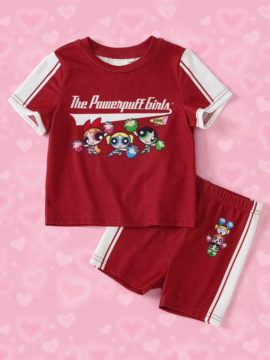 THE POWERPUFF GIRLS X SHEIN Baby Girl Cartoon Print T-Shirt And Shorts Set - Burgundy - View 1