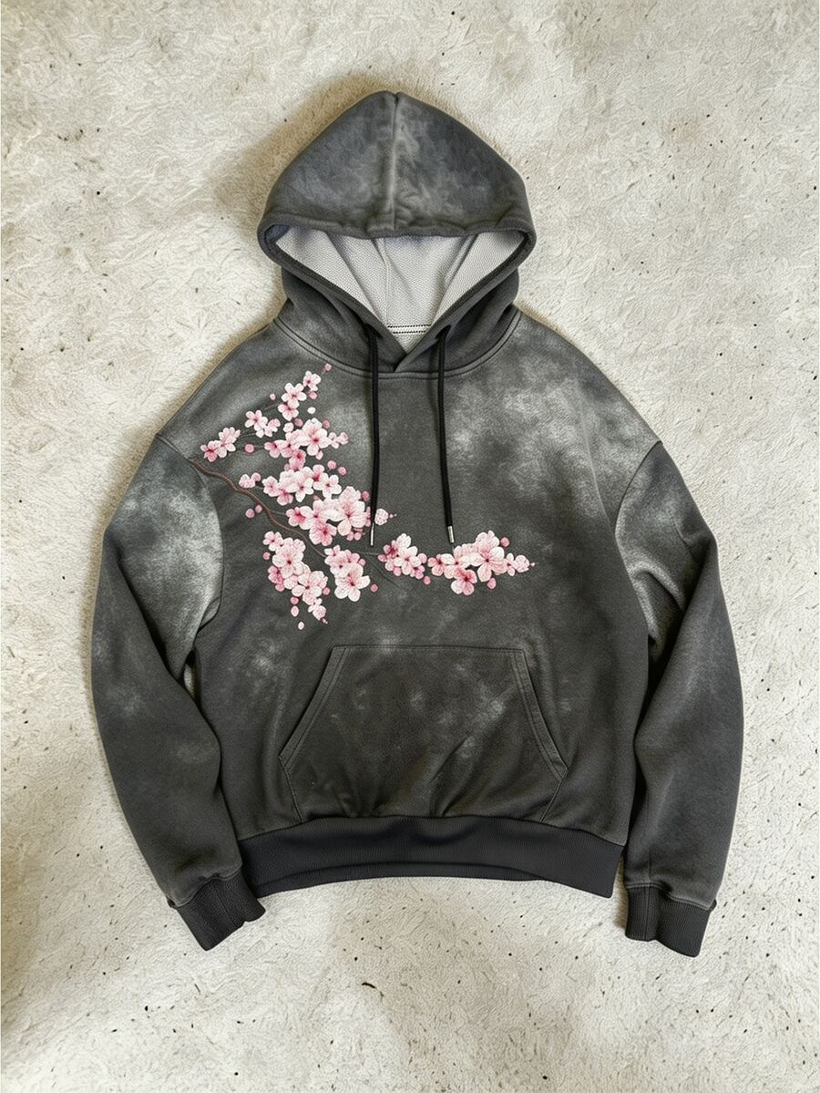 Manfinity Dauomo 男士休閒櫻花印花連帽衛衣，秋季 - 深灰色 - 查看 1