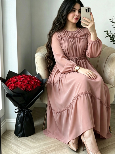 Modelyn 深粉色雪紡長袖洋裝，寬鬆版型附綁帶腰部，浪漫優雅女士風，奢華大尺碼洋裝