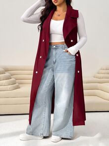 SHEIN EZwear 酒紅色休閒女款大尺碼雙排扣風衣外套 - 酒紅色 - 查看 4