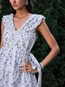 VOLUPTÉ CURVE Women's Embroidered Floral Print Ruffle Trim Dress - Multicolor - View 3