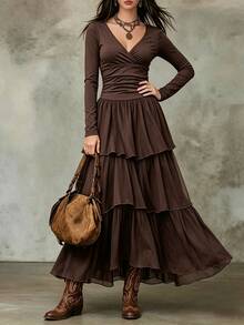Balvessa Vacation Casual Boho Multi-Layer Long Dress Vacation Dark Brown Autumn - Brown - View 4