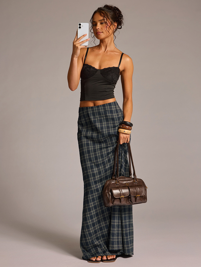 SHEIN BAE Women's Vintage Fashion Navy Blue Plaid Long Skirt, Suitable For Daily Wear, Commuting, Social Gatherings, Back To School