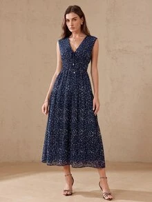 BELROSIE 法式復古極簡優雅女款日常度假雪紡波點V領前綁帶收腰顯瘦喇叭袖無袖洋裝 - 藏蓝色 - 查看 3