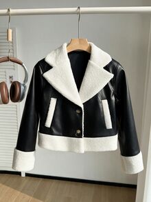 SHEIN Streecool 青少年女孩夾克 秋季服飾 街頭休閒時尚 純色翻領長袖拉鍊 PU 機車夾克 標準厚度 - 黑色 - 查看 5