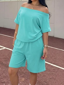 Muchica Conjunto de 2 piezas de top con cuello asimétrico y shorts de unicolor casual de verano para talla grande - Agua verde azul - Ver 3