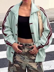 Muchica Women's Striped Contrast Color Frog Button Suede Knit Lightweight Jacket - Mint Green - View 6