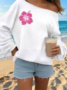 SHEIN EZwear 白色寬鬆露肩休閒長袖運動衫，粉色花卉圖案，復古休閒風，適合海灘、音樂節、度假等場合，展現邁阿密女孩魅力，秋季開學及秋冬女裝理想選擇。這款露肩運動衫/烏龜圖案運動衫/灰色運動衫/夏季上衣非常適合開學與秋冬穿搭 - 白色 - 查看 6