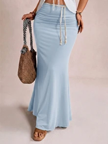 Freevana Rok Rajut Maxi A-Line Pas Badan Ukuran Besar untuk Musim Gugur/Dingin, Elegan, Romantis, Vintage, dan Pesta - Baby Blue - View 4