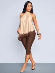 SOLERSUN Women's French Lace Patchwork Halter Top And Fitted Capri Pants 2 Pieces Set Going Out Night Out Cream Shades Of Brown Summer Sexy - Apricot - View 6