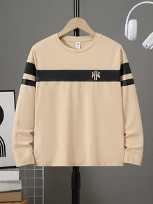 SHEIN 青少年男孩休閒寬鬆百搭條紋圓領長袖T恤上衣，適合通勤、上學、日常休閒外出與運動，春夏穿著 - 白色 - 查看 4