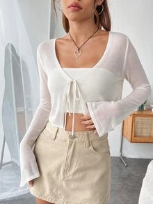 SHEIN EZwear 女款極簡百搭前綁帶長袖針織開襟衫 - 白色 - 查看 6