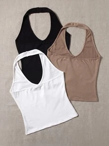 SHEIN EZwear 大尺碼女款純色休閒基礎款寬鬆百搭日常穿搭掛脖上衣 3件/組 早午餐度假風 黑色 白色 卡其色 夏季 - 彩色 - 查看 2