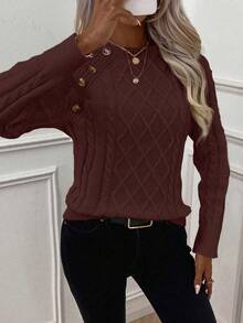 EMERY ROSE Sweater Kasual Wanita Musim Gugur/Dingin, Warna Polos, dengan Hiasan Kancing - Coklat - View 4