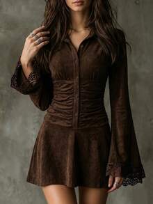 SHEIN Maillard Brown Cinched Cinched Waist Contrast Lace Flare Sleeve Mini Skirt - Coffee Brown - View 6