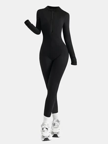SHEIN Teen Girl Fall Clothes Casual All-Match Versatile American Street Style Solid Color Long Sleeve Half Zip Jumpsuit, Autumn - Black - View 1