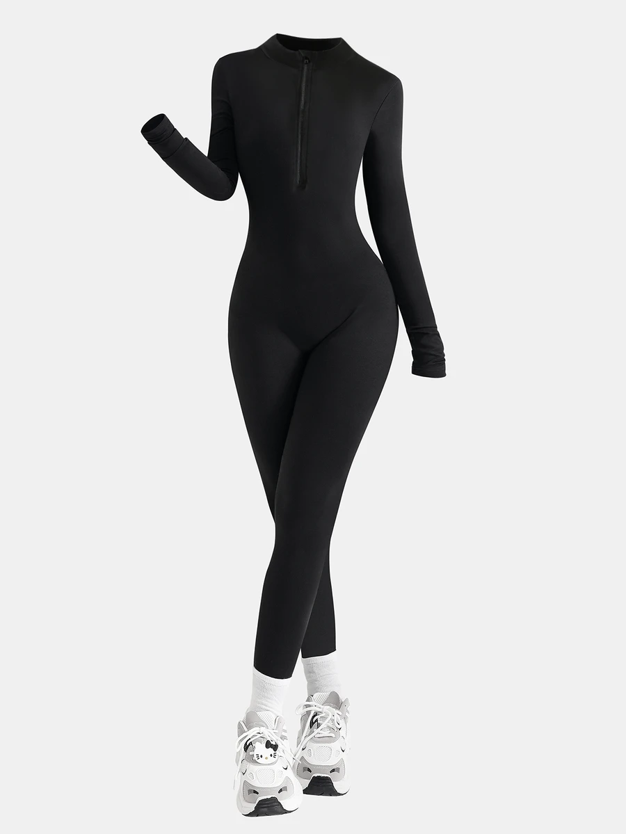 SHEIN Teen Girl Fall Clothes Casual All-Match Versatile American Street Style Solid Color Long Sleeve Half Zip Jumpsuit, Autumn - Black - View 1