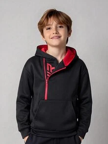 SHEIN 大童男孩休閒舒適拼接連帽字母圖案運動衫外套，適合春夏秋冬，適合戶外玩耍、學校、街頭風、派對與居家休閒，高 CP 值 - 黑色 - 查看 3