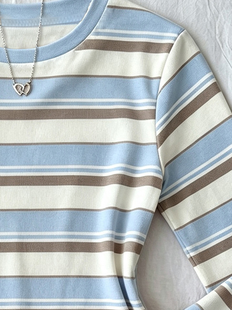 Girls' Striped Long Sleeve Crew Neck T-Shirt, Casual Slim Fit Striped Top For Older Girls, Soft And Comfortable Crew Neck Long Sleeve Shirt For School-Age Girls, Versatile Striped Pullover For Spring/Autumn And Autumn/Winter Daily Wear, Fashionable Versatile Inner Layer Base Layer, Retro Striped Energetic - Multicolor - View 3