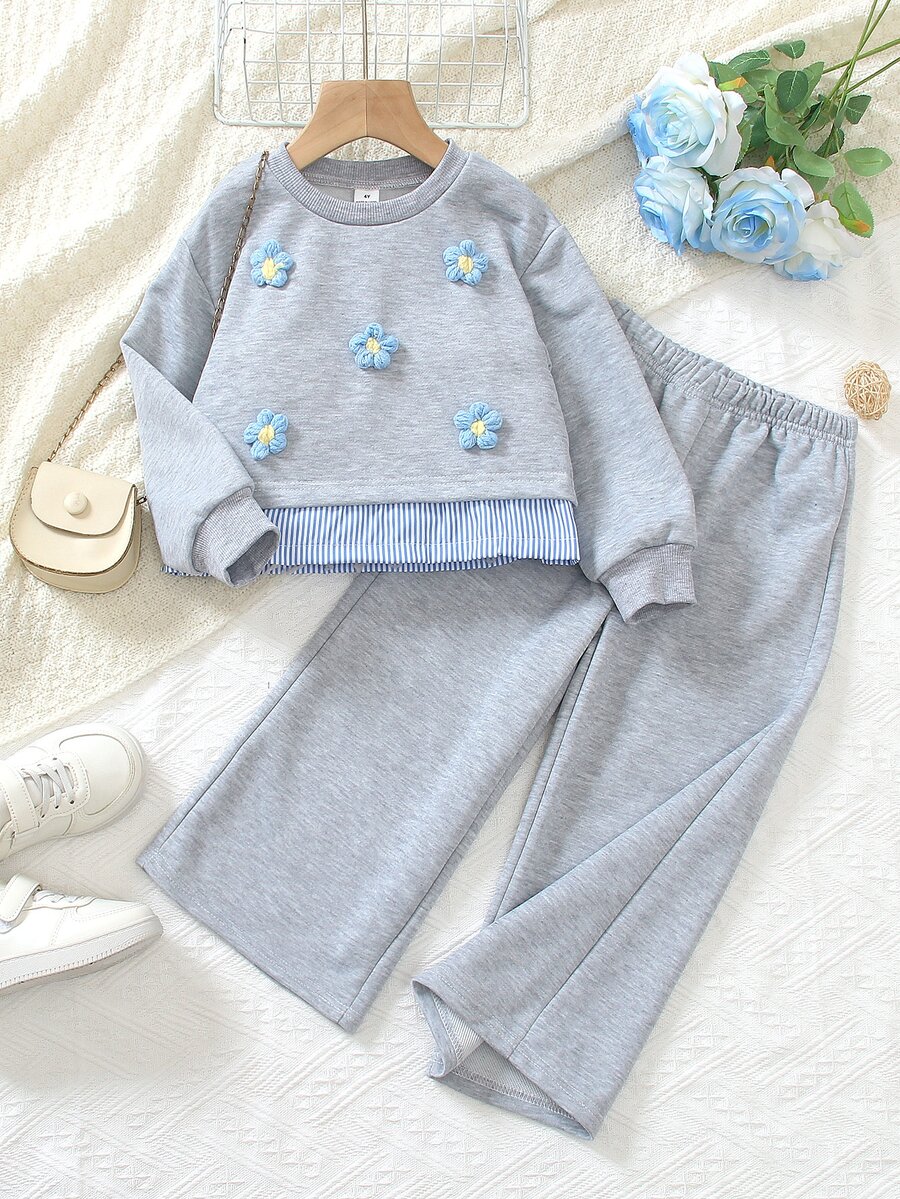 Elladie kids 女童韓系活力寬鬆灰色花卉衛衣 2合1蝴蝶結圖案兩件套 - 灰色 - 查看 1