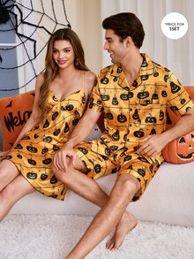 CoupledUp Cartoon Halloween Element Print Faux Silk Men's Pajama Set - Orange - View 3