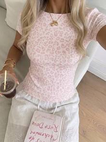 SHEIN EZwear 休閒簡約豹紋大尺碼T恤 - 白色 - 查看 5
