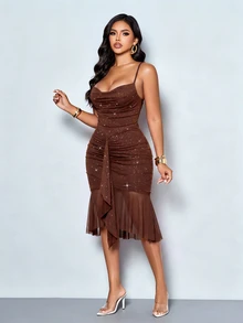 SOLERSUN Women Coffee Brown Glitter Ruched Bodycon Midi Dress Spaghetti Strap Cowl Neck Tie Front Sheer Mesh Ruffle Hem Cocktail Summer Sexy Elegant - Coffee - View 6