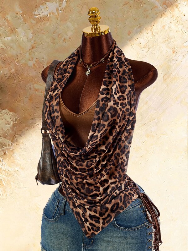 Amplova Women's Leopard Print Cowl Neck Double Layer Top Draped Neck Inner Layer Asymmetrical Hem Double Layer Side Ruched