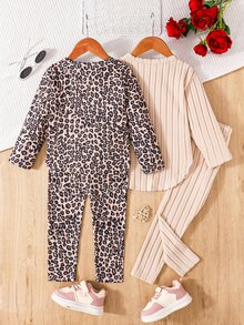 SHEIN Genkimix Kids 4件組幼童女童上衣+長褲套裝，可愛甜美杏色豹紋羅紋拼接圓領長袖曲擺，休閒正裝款，適合假日派對、秋季萬聖節活動 - 彩色 - 查看 2