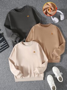 SHEIN 3件組兒童青少年男孩裝飾徽章圓領長袖套頭運動衫套裝，百搭舒適，適合戶外玩耍、學校、街頭風、派對與居家休閒，超值之選 - 彩色 - 查看 4