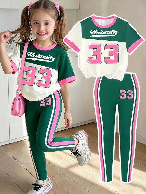 (1 Set) Summer/Autumn Girls' Casual Fashion Green & Light Green Number 33 Striped Letter Graphic Short T-Shirt With Leggings