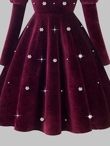 Tween Girl New Burgundy Velvet Round Neck Puff Long Sleeve A-Line Princess Birthday Dress With Pearl Flower And Beaded Embellishments Pearl Round Neck - Burgundy - View 7
