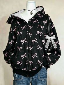 Lalippa Women's Bow Pattern Zip-Up Casual Everyday Sweatshirt - Multicolor - View 1