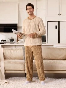 CoupledUp Men's Autumn/Winter Plush Colorblock Long Sleeve & Long Pants Loungewear Set - Apricot - View 4