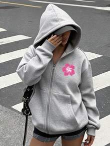 Attitoon 女款麻灰色拉鍊連帽外套－藍色3D花卉；復古；夏/秋；海灘/度假村；返校季 - 淺灰色 - 查看 8