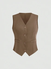 EMERY ROSE Women's Solid Color Single-Breasted Casual Blazer Vest - Khaki - View 1