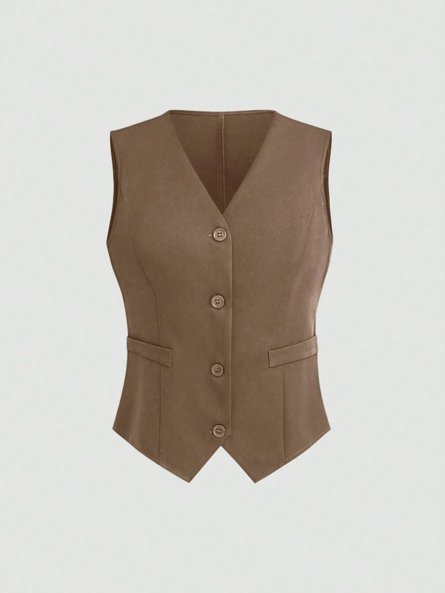 EMERY ROSE Women's Solid Color Single-Breasted Casual Blazer Vest - Khaki - View 1