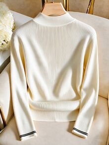 SHEIN Franclia French Style Semi-High Neck Ribbed Knit Base Layer Top For Women, Contrast Color Ribbed Cuffs With Gold Buttons, Slim Fit Commuter Elegant Long Sleeve Innerwear - Apricot - View 2
