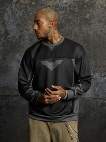 BATMAN X SHEIN Men's Colorblock Patchwork Bat Print Pullover Sweatshirt - Black - View 5