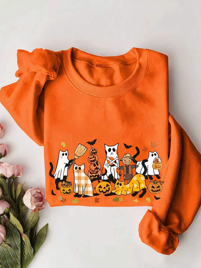 SHEIN ICON Women's Casual Autumn Halloween Theme Top, Halloween Ghost & Kitten Graphic Crew Neck Long Sleeve Sweatshirt