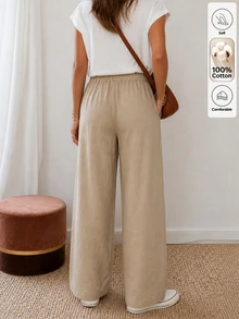 Yunfilé Women's Spring/Summer Casual Cotton Blend Loose Asymmetrical Flap Decor Solid Color Wide Leg Long Pants, Suitable For Outings, Commuting And Street Style - Khaki - View 2