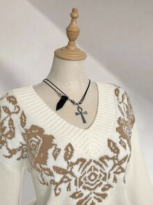 Elamini 復古休閒百搭V領提花針織衫 - 彩色 - 查看 5