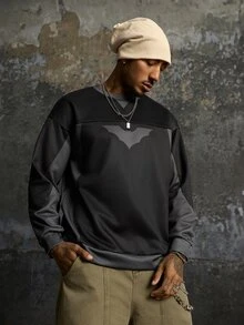 BATMAN X SHEIN Men's Colorblock Patchwork Bat Print Pullover Sweatshirt - Black - View 1